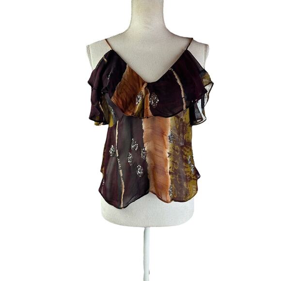 Zara Top Sheer Shirt Brown Burgundy Silver Rhinestone Sleeveless New With Tags - Picture 1 of 7